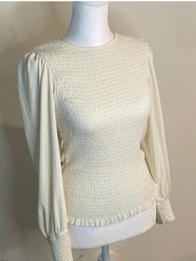 Anthropologie Cream Smocked Puff-Sleeve Crewneck Sweater